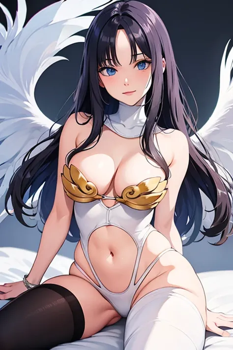 Black hair, blue eyes, large breast, sexy, beautiful body, bed, Masterpiece, angel, white wings, smile