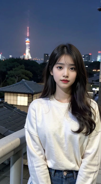 An indian girl,18 year old,standing at roof,wearing sweater ,japan night view