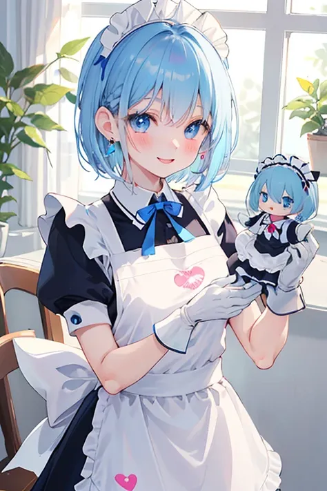 cute anime blue haired girl with pink doll and blue ribbon, maid, blue eyes, blue hair, maid headdress, apron, gloves, short hair, dress, heart, smile, white gloves, doll joints, jewelry, maid apron, joints, earrings, blush