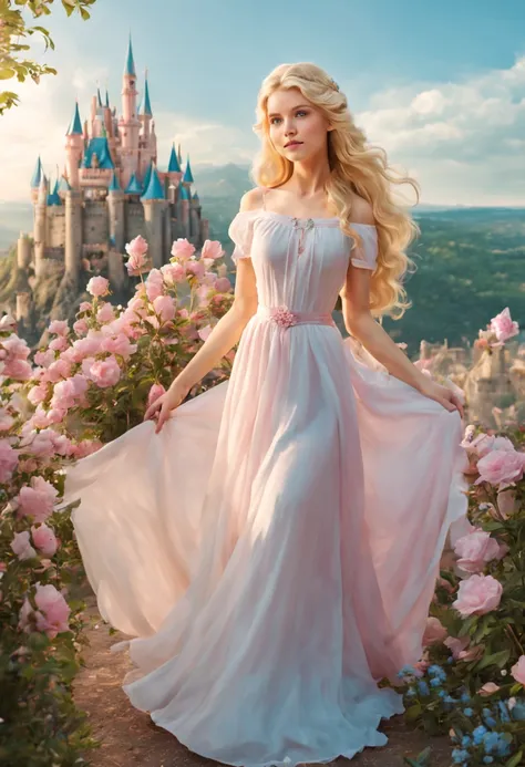 a beautiful princess, very long blonde hair, blue eyes, wearing a white dress with some light pink flowers, fantasy surroundings...