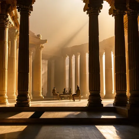 A serene scene of the Apadana (Audience Hall) with cyrus is the great and his soldiers at dusk, its towering columns casting long shadows across the vast courtyard as the last rays of sun bathe the carvings in a warm, golden glow.