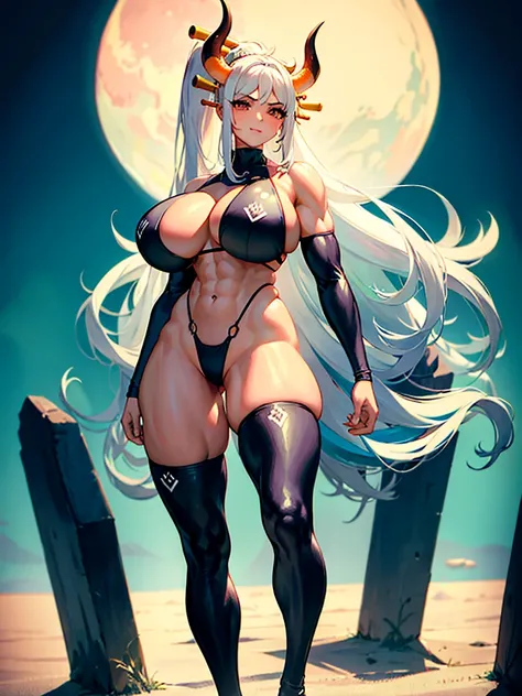 1girl, solo, yamato, orange eyes, big eye, long hair, multicolored hair, aqua hair, white hair, two-tone hair, high ponytail, horns, multicolored horns, hair ornament, bare shoulders, bare feets, muscolar body, standing, perfect body, huge breast, massive ...