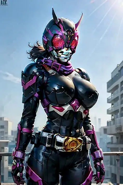 Masterpiece, Highest quality, illustration, black leotard, magenta scarf, Mask, helmet, Tokusatsu, belt, Crimson combat uniform, very large breast, Grasshopper mask, Solo, full bodyesbian, comming,