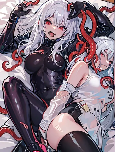 White-haired girl wearing black latex clothing and black stockings，White-haired girl with red eyes，The white-haired girl stretches out her black and red tentacles，Tentacles wrapped around white-haired girl。White-haired girl drains human husband dry，Mouth s...