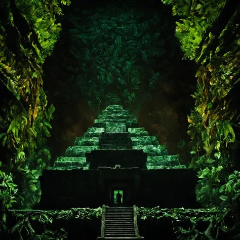 double exposure of Aztec god silhouette, combined with Aztec temple, cenote, a jungle