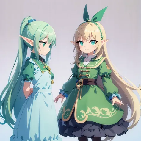 gray flying dragon，Standing next to me is an elf girl，Green clothes，blond，smile，Ruffle your hair，side view