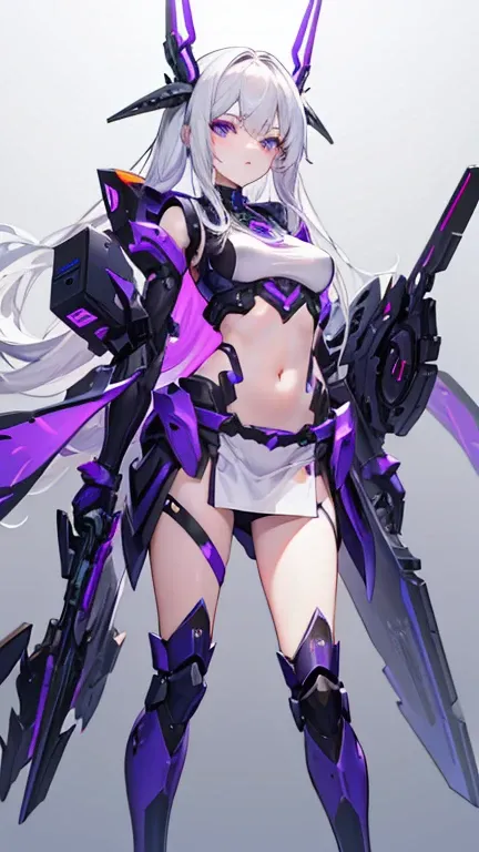 A girl, her appearance She has long a White Hair falls through her waist, she wearing a plain black cap, and Her pupil Tyrian purple vertical, a Transparent mecha body, a antler Cybernetic glows Purple top of head, a purple mecha orb through her chest, has...