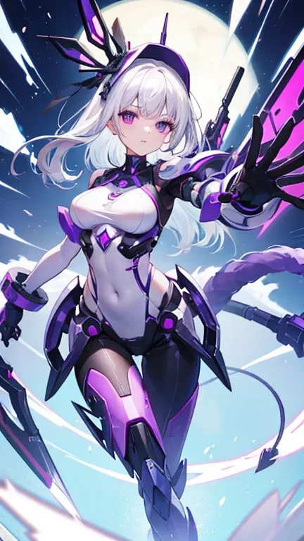 A girl, her appearance She has long a White Hair falls through her waist, she wearing a plain black cap, and Her pupil Tyrian purple vertical, a Transparent mecha body, a antler Cybernetic glows Purple top of head, a purple mecha orb through her chest, has...