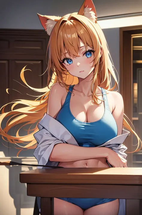 masterpiece:1.2, high quality, best quality, detailed_background,indoors,highres,neko (solution1988) huge breasts,upper body,open clothes,absurdres,blue eyes,gradient background,looking at viewer,sports bra,1girl,pony tail,bare shoulders,solo,animal ears,c...