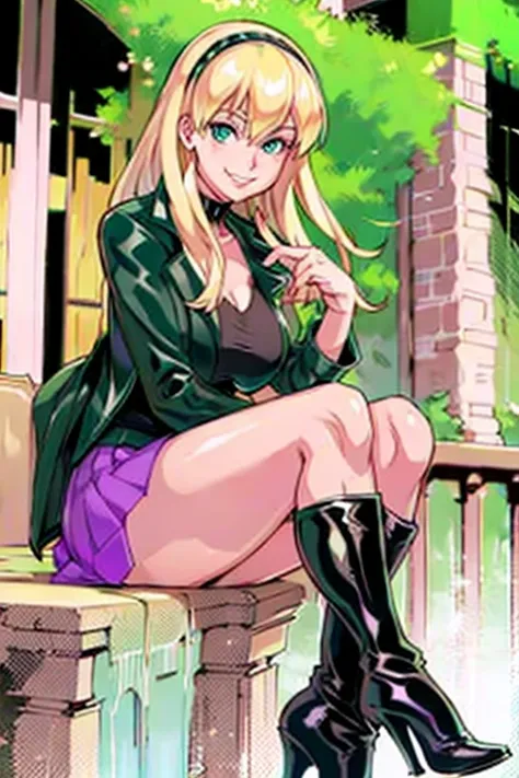 gwen stacy, blonde hair, black tiara, black shirt, avocado green blazer on top, purple skirt, black leather boots, sitting, naug...