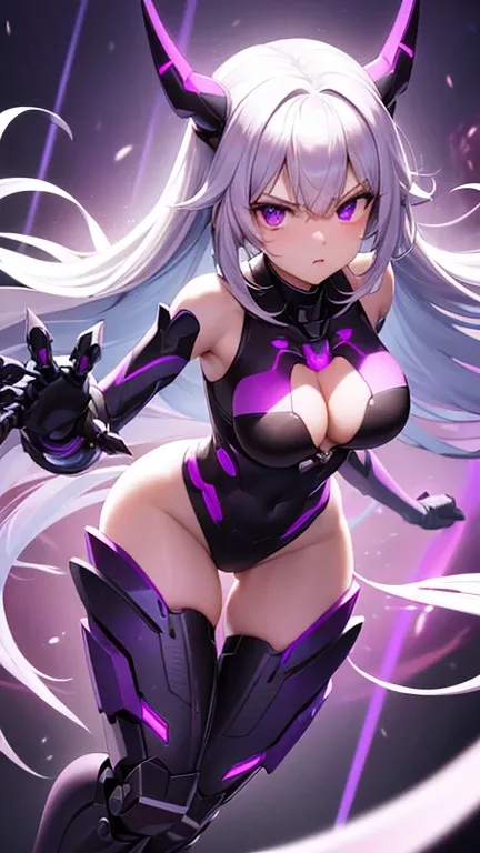 ((8k ultrasharp, Masterpiece, look at viewers with sternly)), A girl, her appearance She has long a White Hair falls through her waist, she wearing a plain black cap, and Her pupil Tyrian purple vertical, a Transparent mechanic body, a horn antler Cybernet...