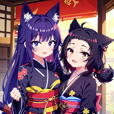 6+girl，animal ears，black hair，Black sclera，blonde，Vague，brown hair，cat ears，Colored sclera，colored skin，fox ears，狐狸girl，狐狸Tail，fur，japanese clothing，kimono，fox demon，long hair，Miko，多个girl，Obi，Open your mouth，purple hair，紫色kimono，red hair，红色kimono，belt，Smil...