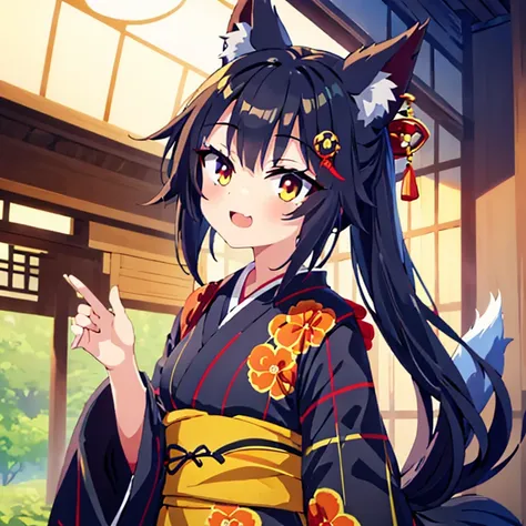 6+girl，animal ears，black hair，Black sclera，blonde，，brown hair，Colored sclera，colored skin，fox ears，狐狸girl，狐狸Tail，fur，japanese clothing，kimono，fox demon，long hair，Miko，Doobi，Open your mouth，红色kimono，belt，Smile，Tail，ring，Eye，Checkered shirt，apron