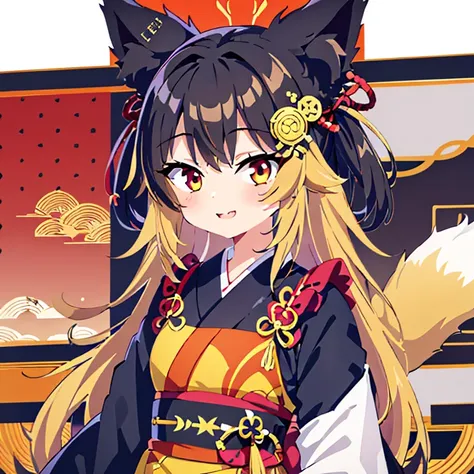 6+girl，animal ears，black hair，Black sclera，blonde，brown hair，Colored sclera，colored skin，fox ears，狐狸girl，狐狸Tail，fur，japanese clothing，kimono，fox demon，long hair，Miko，Doobi，Open your mouth，红色kimono，belt，Smile，Tail，ring，Eye，Checkered shirt，apron，brown hair，p...