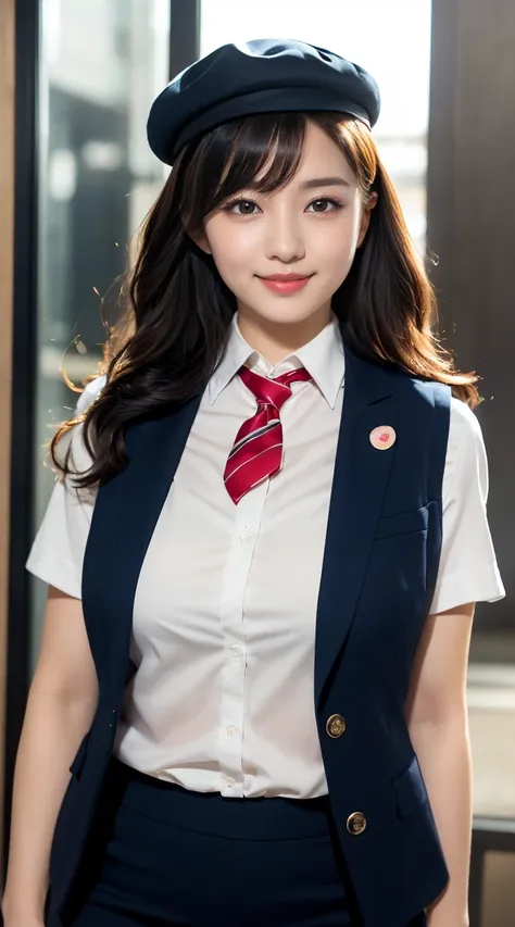 (((full body,including legs)))、(((perfect uniform of Japanese stewardess, blue striped necktie, vest-dress uniform、small hat, white formal short gloves,(black high-heel),  ((with a mini mic in her hand))),bus guide,日本のバスガイド、little smile,white blouse,tight ...