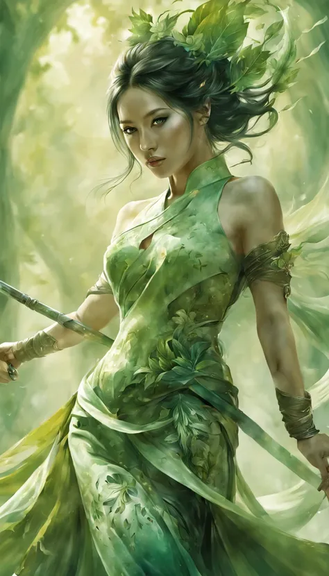 (A Full body Illustration:1.5), high definition|quality|contrast. Magic Fantasy art. a Chinese warrior woman wielding a spear, traditional dress in shades of green, a fenix tattoo on the right leg, in a battle pose, swirl of leaves around. her body emanate...