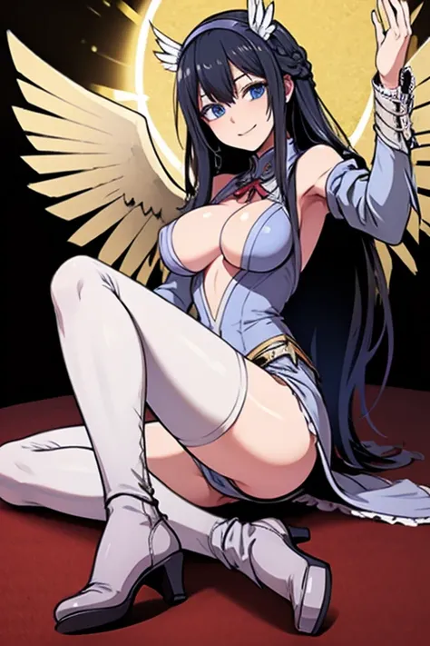 Black hair, blue eyes, large breast, sexy, beautiful body, bed, Masterpiece, angel, white wings, smile