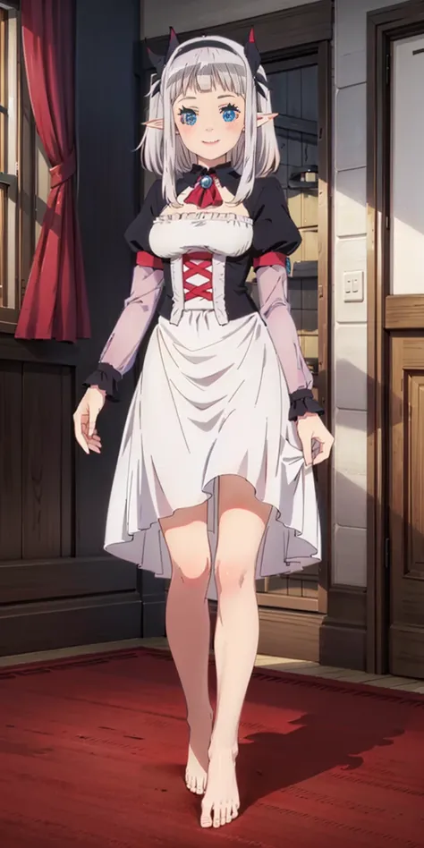 1girl, cute, ((Short black hair girl and long blonde hair girl)), maid victorian, maid apron, straight face, dazed, Body position: Standing, straight, symmetrical, barefoot, Lustful smile on face with red blush,
