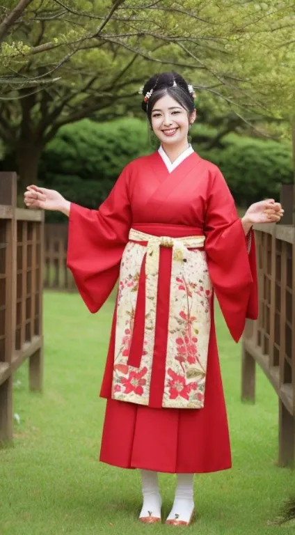 The cheerful face of the hostess, adorned with a beautiful smile, shines brightly amidst the serene atmosphere of the shrines. Dressed in a traditional Japanese outfit, her slender perfect figure is accentuated by the vibrant colors and intricate patterns ...