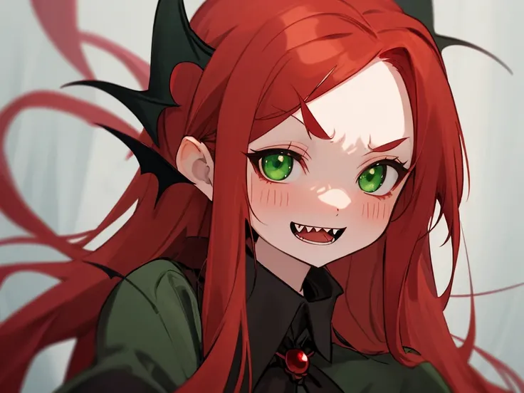 Red-haired girl　green eyes　double teeth　vampire shy face