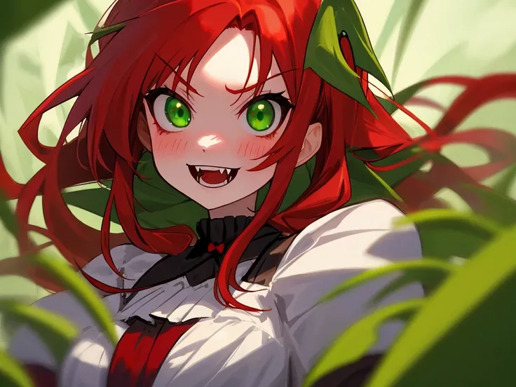 Red-haired girl　green eyes　double teeth　vampire shy face