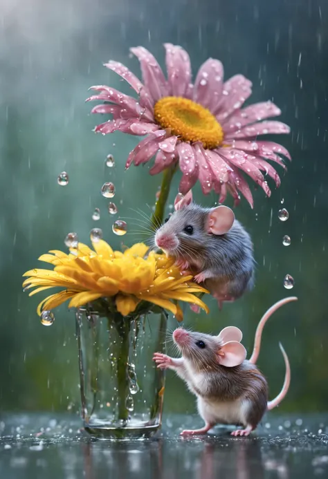 a high definition image of a rainy landscape where (a mouse is under a soaked flower:1.2), in glass art style, mice looking at the raindrops of the colorful daisy flower petals with a blurred background (with tones very soft color: 1.32)