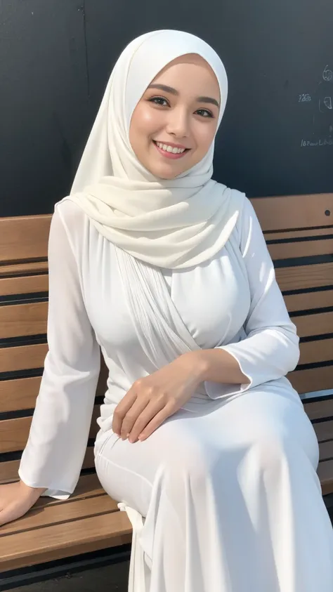 photography, young woman with smile face, long pastel white hijab with satin baju kurung, big breasts, sitting on the bench by the beach while seductively looking at me, tilted her head, perfect fingers, perfect hands, perfect body, perfect beautiful face,...