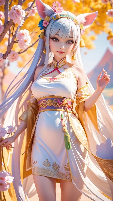 Chinese style，national current，Dunhuang style，a beautiful lady, Dunhuang costumes，White nine-color deer with colorful patterns ,Fantasy wonderland world ，Dunhuang Silk Road，Beautiful two-dimensional, Thick coating, Beautiful background，Perfectly creative，S...