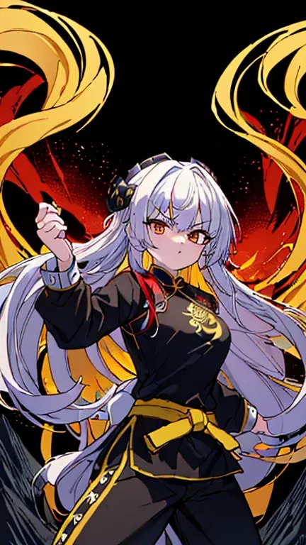  ((8k ultrasharp, Masterpiece, look at viewers with serious, battle stance taekwondo)), A girl, white long hair goes through waist, Gold vertical eyes flows, wearing a black Tangzhuang has a Chinese dragon pattern edgy and aesthetic design, black long slee...