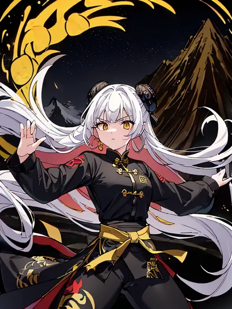  ((8k ultrasharp, Masterpiece, look at viewers with serious, battle stance taekwondo)), A girl, white long hair goes through waist, Gold vertical eyes flows, wearing a black Tangzhuang has a Chinese dragon pattern edgy and aesthetic design, black long slee...