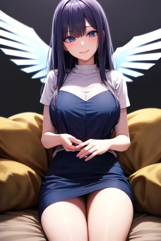 black hair, blue eyes, large breast, sexy, beautiful body, bed, masterpiece, angel, white wings, smile