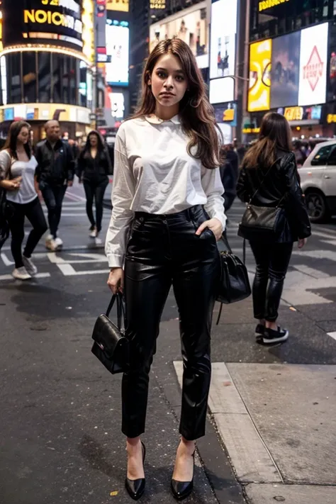 ela em nova iorque na time square com roupa executiva, black pants and white blase 