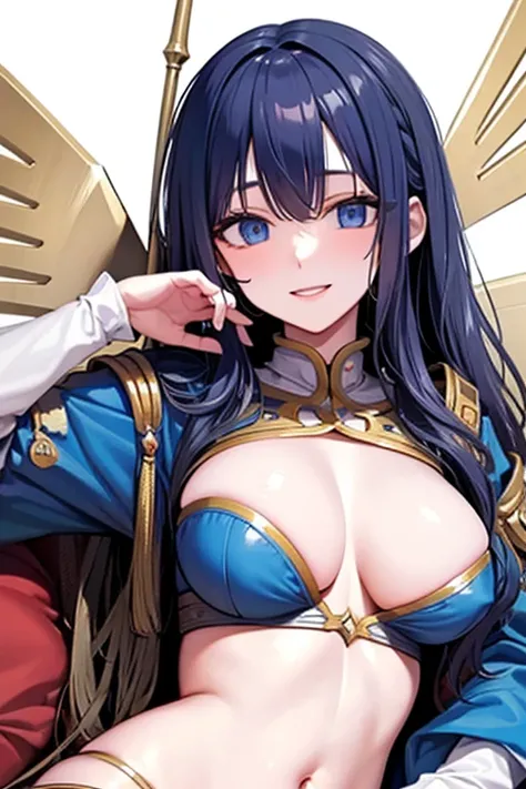 Black hair, blue eyes, large breast, sexy, beautiful body, bed, Masterpiece, angel, white wings, smile