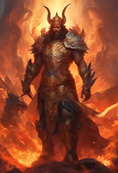 An 8K high-definition portrait, God of hell with tribal ornaments, standing like hero in a crowd fighting war lava land with lots of horse, hell gate, stake of skulls, heroic look, masterpiece, ultradetail, 8k