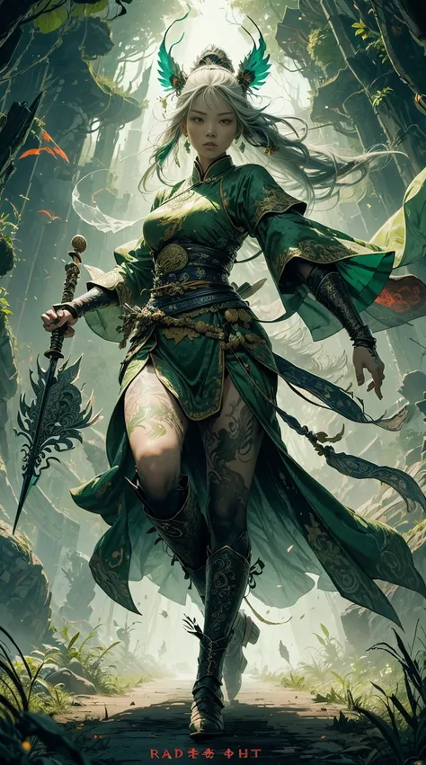 (A Full body Illustration:1.5), high definition|quality|contrast. Magic Fantasy art. a Chinese warrior woman wielding a spear, traditional dress in shades of green, a fenix tattoo on the right leg, in a battle pose, swirl of leaves around. her body emanate...