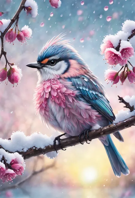 A beautiful hyper-fluffy hyperrealistic bird on a branch with pink flowers and snow. Small water drops, shining. Sunrise. Pastel colors. Intricately detailed, masterpiece, beautiful. Photorealistic, raw image