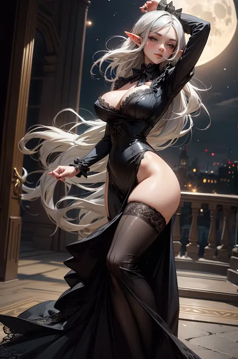 {-erro_de_anatomia:1.0} Moonlit night, sexy elf young victorian girl, very big breasts, black dress, victorian dress, sexy see-through underwear with lace, Beautiful Woman, happy face, gray hair, long hair, gray eyes, Walking, dancing ligthly, lying, drink...