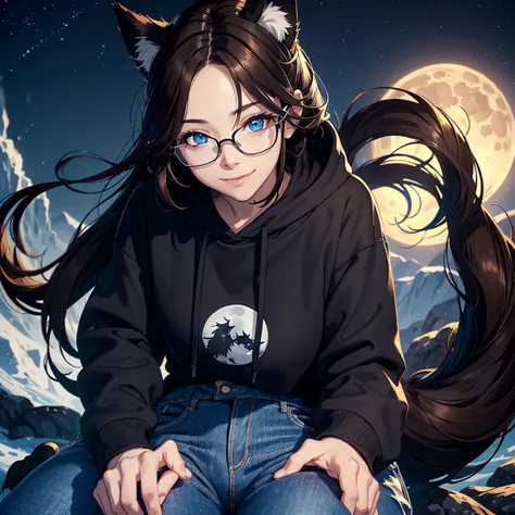 1 person picture, portait, masterpiece, (best quality) , very detailed, ultra detailed ,(alone), anime woman with black Wolf ears and tail ( smiling, brown hair, clear forehead, blue eyes, black glasses, black hoodie, jeans), night, moon