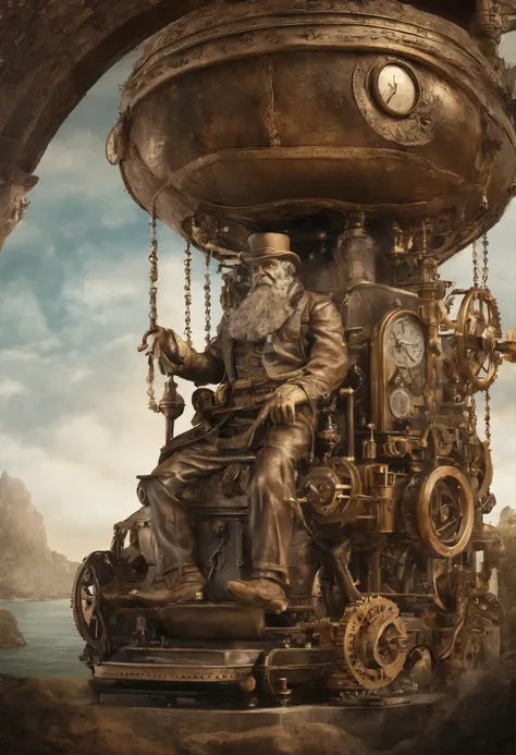 Giant  old man statue in a huge landscape of floating island, machinery, masterpiece, ultradetail, 8k