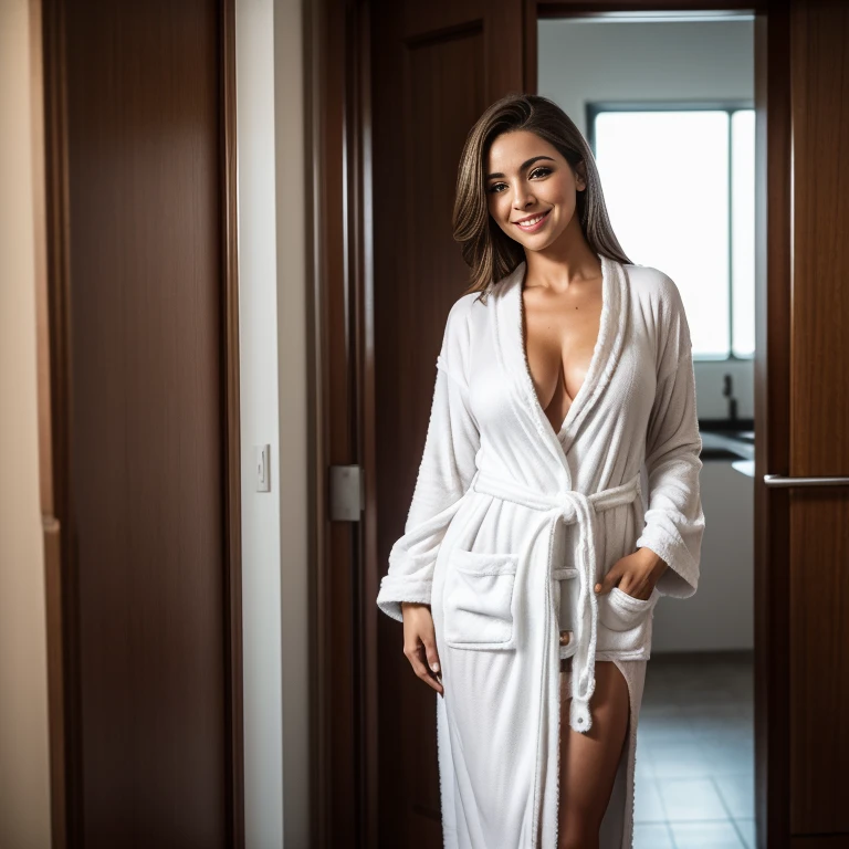 cinematographic, ultra high resolution, 8k UHD, (realista), a beautiful woman with breasts inclined in a linear way breasts are round, e grandes duros, she&#39;s standing straight in front of you, ela esta de (TERRY BATHROBE) de cor branca com decote abert...