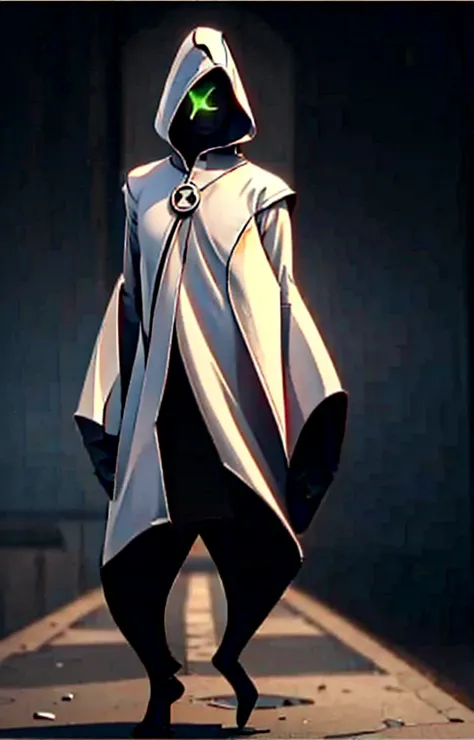 ((( Man wearing cloak))) (  indigo cloak as in controlnet image:1 with black lines), face visible, green eyes.  Symbol on chest, visible hands, human anatomy 