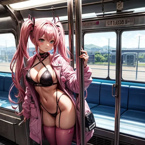 pink hair、twin tails、big breasts、tits、swimsuit、exposed、Slut、Thighhighs、long coat、train、trainの中