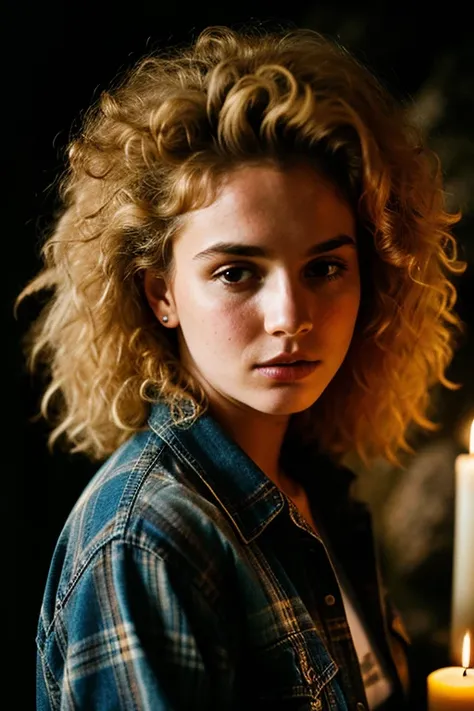 photograph of a woman, (troubled facial expression), textured skin, goosebumps, blonde afro hair, plaid flannel shirt with distressed boyfriend jeans, cowboy shot, dark and mysterious cave with unique rock formations and hidden wonders, perfect eyes, (cand...