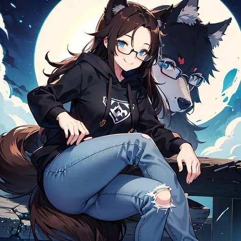 1 person picture, portait, masterpiece, (best quality) , very detailed, ultra detailed ,(alone), anime woman with black Wolf ears and tail ( smiling, brown hair, clear forehead, blue eyes, black glasses, black hoodie, jeans), night, moon