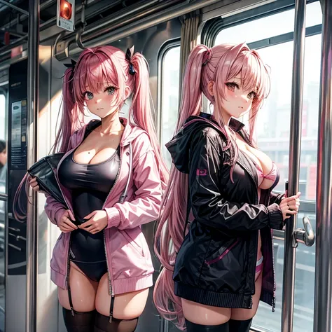 pink hair、twin tails、big breasts、tits、swimsuit、exposed、Slut、Thighhighs、long coat、train、trainの中