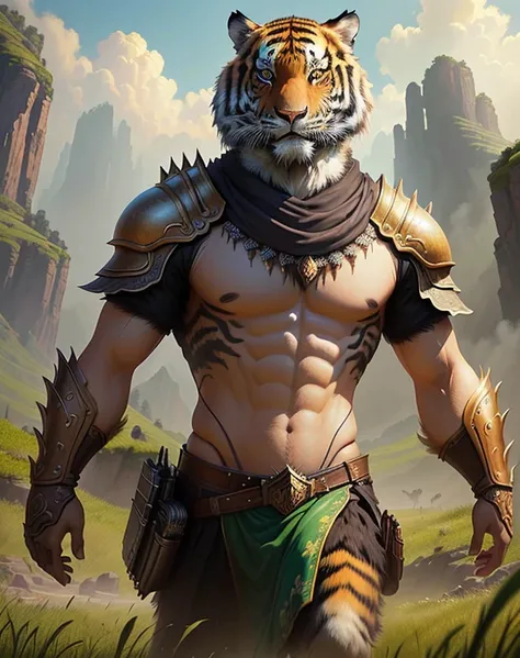 there is a picture of a tiger that is standing in the grass, digital painting highly detailed, 8k high quality detailed art, detailed digital 2d fantasy art, epic fantasy art style hd, very detailed digital painting, digital 2d fantasy art, great digital a...