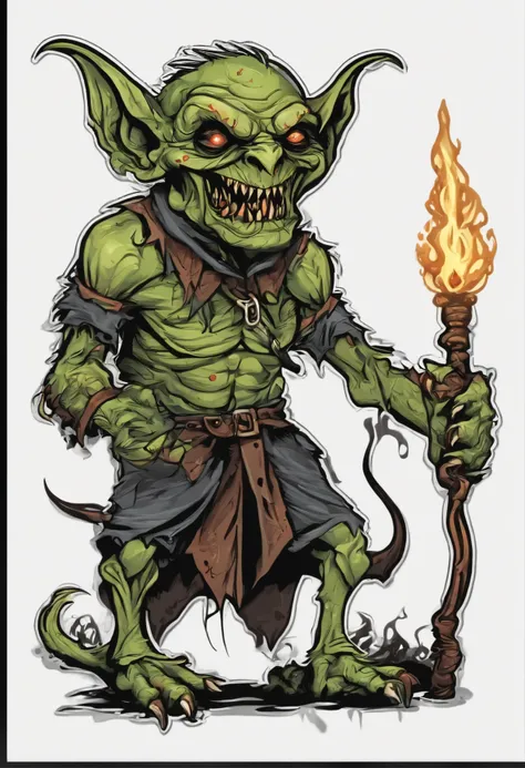 /Imagine the prompt: Full body illustration of evil zombie goblin for sticker on black background, With a magic wand，tattoo，Bold outline style, jagged edges, Trashcore，Light Shading - V 5.2