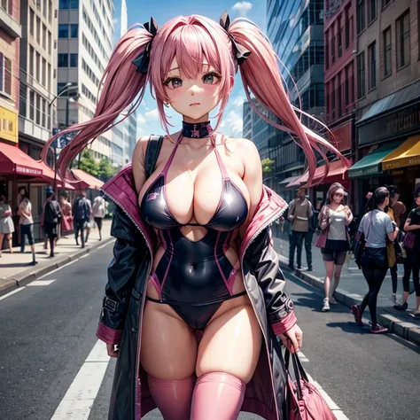 pink hair、twin tails、big breasts、tits、swimsuit、exposed、Slut、Thighhighs、long coat、city、In town、intersection