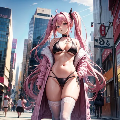 pink hair、twin tails、big breasts、tits、swimsuit、exposed、Slut、Thighhighs、long coat、city、In town、intersection