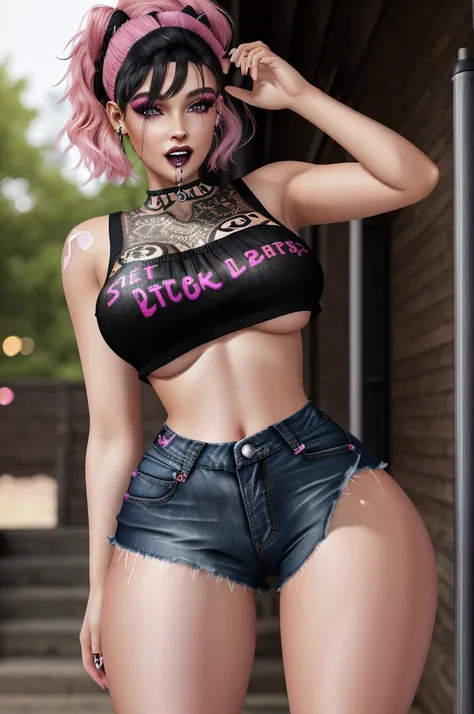 Virtual Diffusion Style, 1girl, black hair, black skirt, blurry, blurry background, crop top, cup, denim, ear piercing, eyebrow piercing, eyeliner, eyeshadow, fangs, lipstick, looking at viewer, makeup, medium breasts, midriff, miniskirt, nail polish, nave...